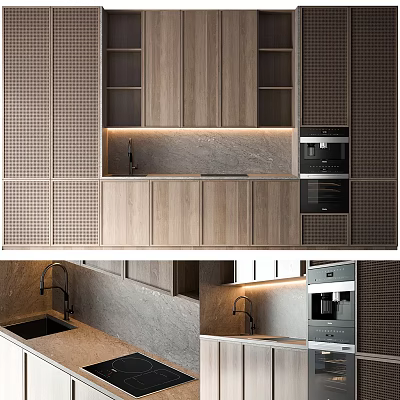 Modern Kitchen Interior With Wooden Cabinets Marble Countertop Built in Appliances And Under Cabinet Lighting 3d model