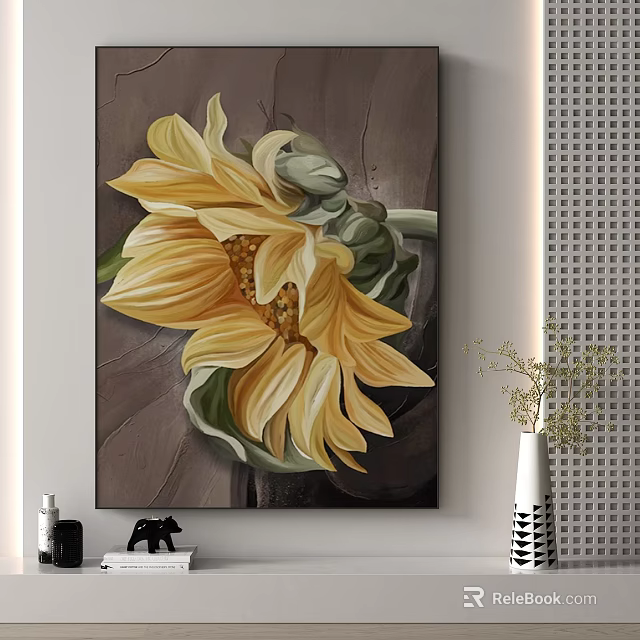 Vibrant Sunflower Plant Painting with Detailed Yellow Petals for Home Wall Decor 3d model 