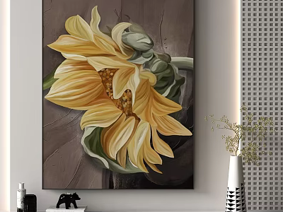 Vibrant Sunflower Plant Painting with Detailed Yellow Petals for Home Wall Decor 3d model