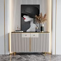 Elegant Modern Entryway Console Cabinet With Striped Doors Gold Accents And Decor Items