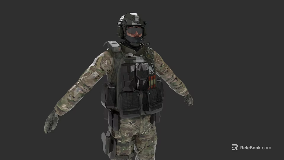 Game and Movie Military Character Wearing Camouflage Uniform With Tactical Vest Helmet And Goggles 3d model 