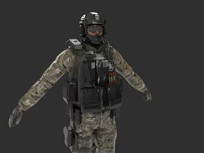 Game and Movie Military Character Wearing Camouflage Uniform With Tactical Vest Helmet And Goggles 3d model