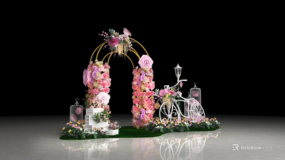 Romantic Photo Spot With Flower Arch Pink White Flowers White Bicycle Lanterns On Green Grass 3d model 