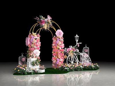Romantic Photo Spot With Flower Arch Pink White Flowers White Bicycle Lanterns On Green Grass 3d model