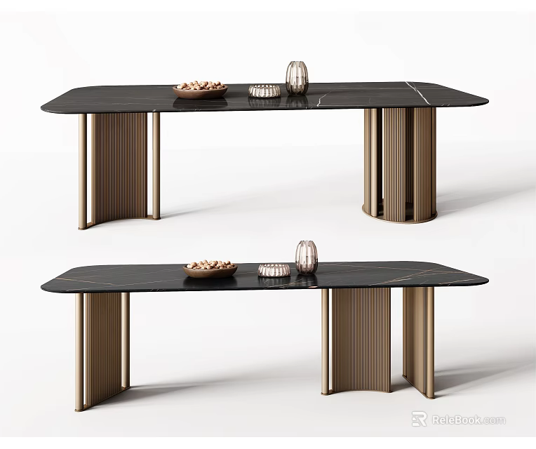 Modern Dining Table With Black Marble Top And Brass Metal Legs And Decorative Bowls 3d model 