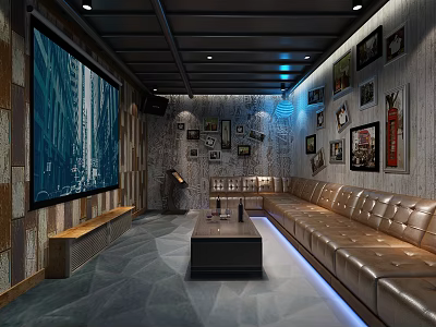 Modern KTV Room With Large Screen Leather Sofas Framed Art Wood Metal Walls And Lighting 3d model