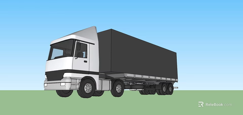 White Black Truck With Cab And Container On Blue Sky Green Grass 3d model 