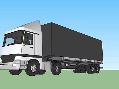 White Black Truck With Cab And Container On Blue Sky Green Grass 3d model