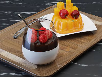 Layered Chocolate And White Dessert With Raspberries Yellow Jelly Mango Cubes And Cherries 3d model