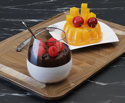 Layered Chocolate And White Dessert With Raspberries Yellow Jelly Mango Cubes And Cherries 3d model