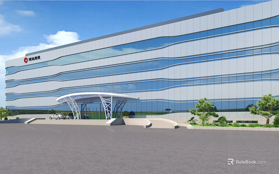 Modern Office Building Exterior With Glass Curtain Wall Architectural Entrance And Landscaping 3d model 