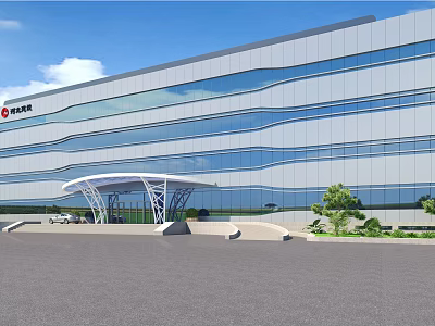 Modern Office Building Exterior With Glass Curtain Wall Architectural Entrance And Landscaping 3d model
