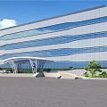 Modern Office Building Exterior With Glass Curtain Wall Architectural Entrance And Landscaping