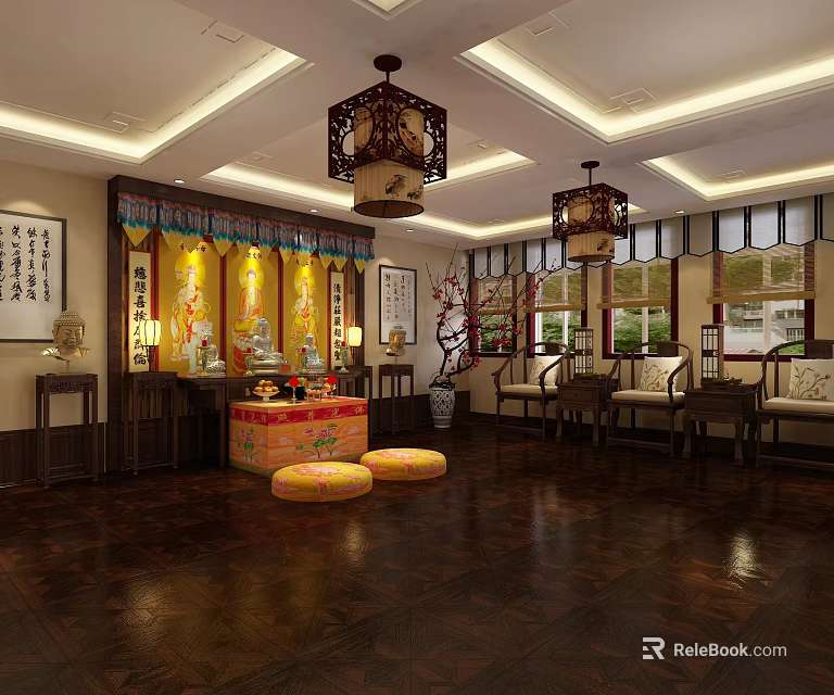 Traditional Religious Worship Space With Altar Offerings Hanging Lanterns Calligraphy Scrolls And Wooden Furniture 3d model 