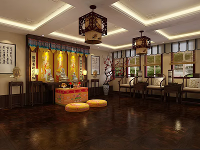 Traditional Religious Worship Space With Altar Offerings Hanging Lanterns Calligraphy Scrolls And Wooden Furniture 3d model