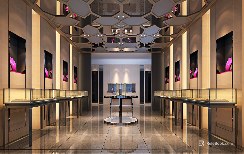 Luxury Jewelry Store Interior With Hexagonal Ceiling Lighting Glass Display Cases And Marble Floors 3d model 