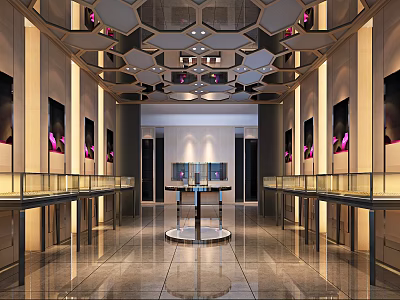 Luxury Jewelry Store Interior With Hexagonal Ceiling Lighting Glass Display Cases And Marble Floors 3d model