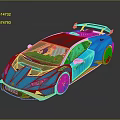 Blue Sports Car With Yellow Accents Black Roof Rear Spoiler And Brown Interior