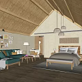 Hotel Guest Room With Wooden Ceiling Floor Bed Sofa Decorative Paintings Pendant Lights And Rug
