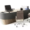 Modern Office Desk With Wooden Top Ergonomic Chairs And Office Supplies