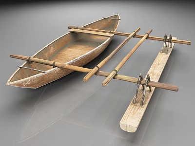 Traditional Wooden Boat With Wooden Oars And Rack On Gray Surface 3d model