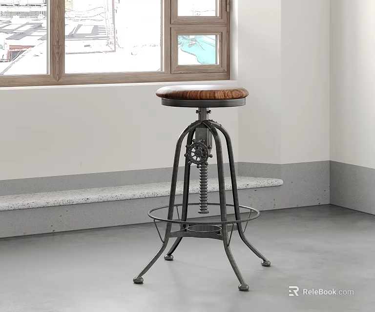 Industrial Style Bar Stool With Wooden Seat Metal Frame Spring Mechanism And Lower Shelf 3d model 