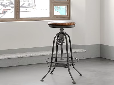 Industrial Style Bar Stool With Wooden Seat Metal Frame Spring Mechanism And Lower Shelf 3d model
