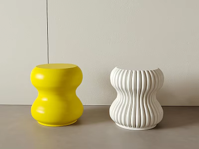 Modern Yellow And White Curved Stools With Ribbed Details And Rounded Shapes 3d model