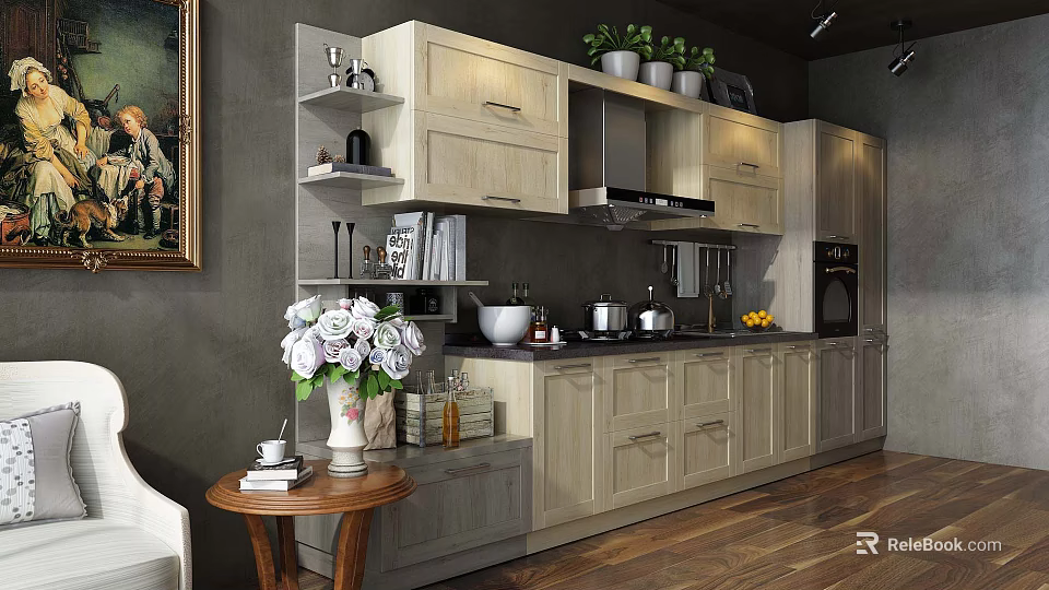 Modern Kitchen With Light Wooden Cabinets Countertop Appliances And Decorative Potted Plants Design 3d model 