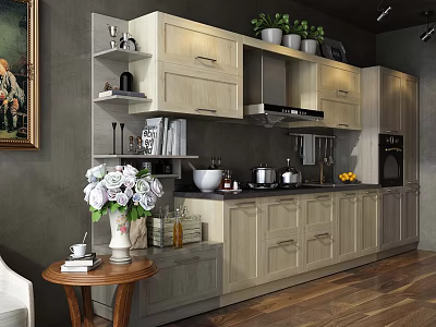 Modern Kitchen With Light Wooden Cabinets Countertop Appliances And Decorative Potted Plants Design 3d model