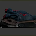 Daily Clothing Stack With Blue Jeans Red Stripes Red Logo And Dark Gray Items