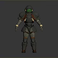 Standing Humanoid Figure in Metallic Gray Armor with Green Visor and Red Details