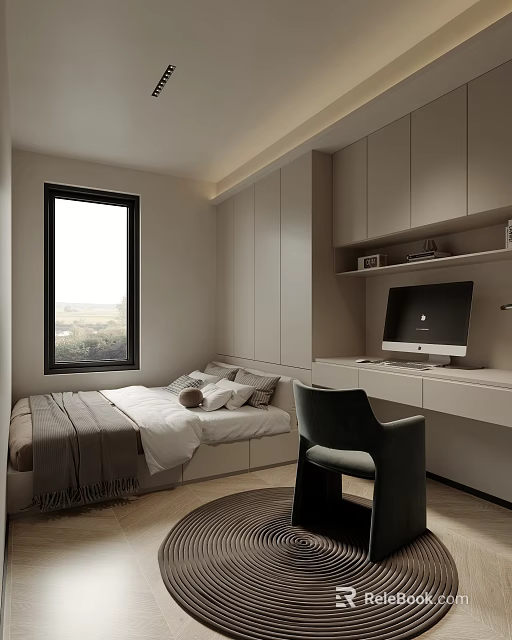 Modern Tatami Bedroom Interior With Tatami Bed Storage Cabinets Desk And Computer 3d model 