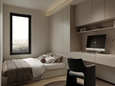 Modern Tatami Bedroom Interior With Tatami Bed Storage Cabinets Desk And Computer 3d model