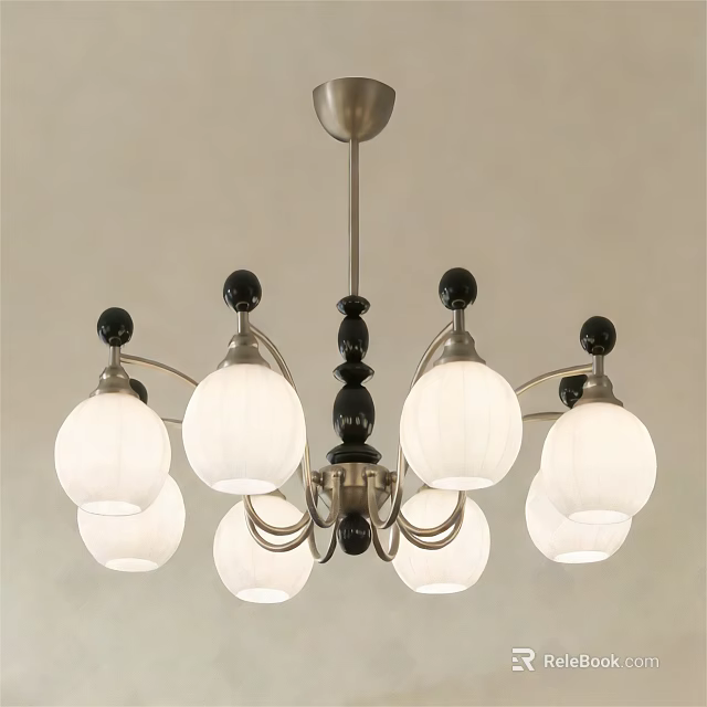 Modern Chandelier With White Lampshades Black Spherical Decorations And Metal Frame 3d model 