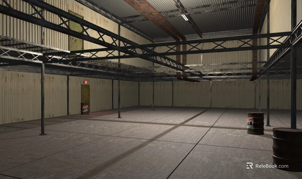 Empty Industrial Warehouse Interior With Metal Frame Structure And Concrete Floor 3d model