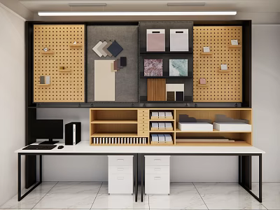 Home Office Desk With Pegboard Displaying Wooden Panels Fabric Swatches And File Cabinets 3d model