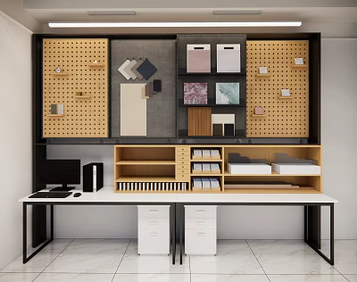 Home Office Desk With Pegboard Displaying Wooden Panels Fabric Swatches And File Cabinets 3d model