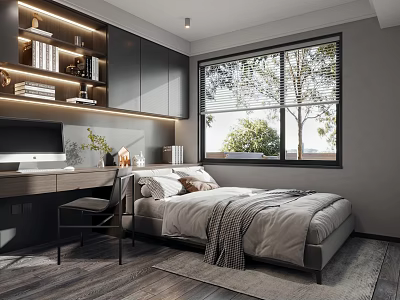 Modern Bedroom Interior With Cozy Bed Desk Bookshelf And Window Lighting 3d model