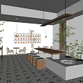 Bright Bubble Tea Shop Interior With Wooden Counter Seating Area And Green Plants