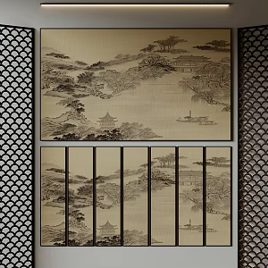 New Chinese Background Wall Hard Bag Wallpaper Decorative Painting Wall Painting Landscape Painting Bedroom Hard Bag Screen 3d model