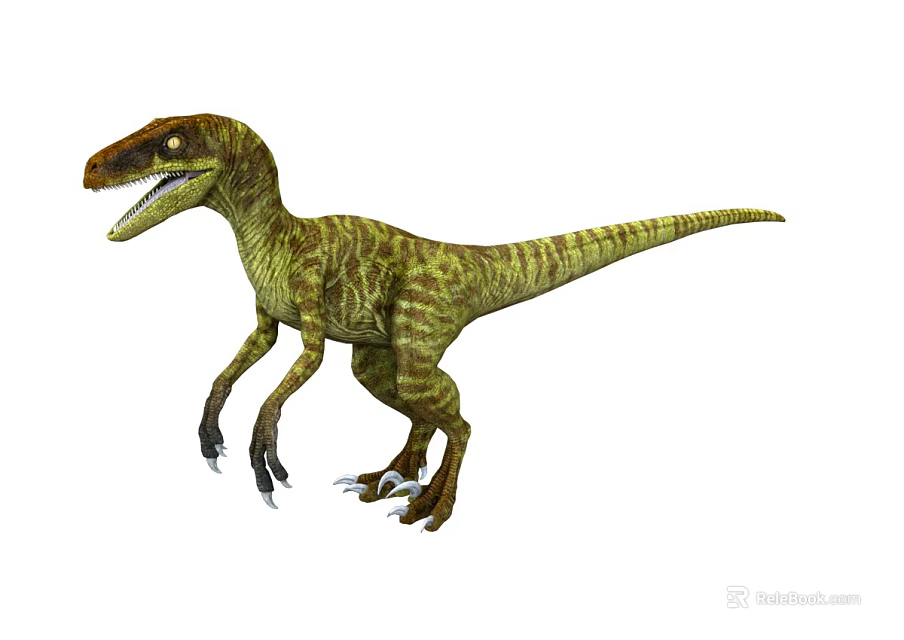 Realistic Green Brown Striped Dinosaur With Sharp Claws And Teeth Standing Posture 3d model