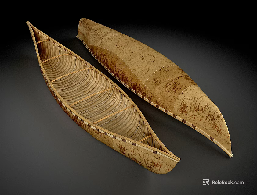 Two Traditional Handcrafted Wooden Boats with Natural Wood Grain and Open Structure 3d model 