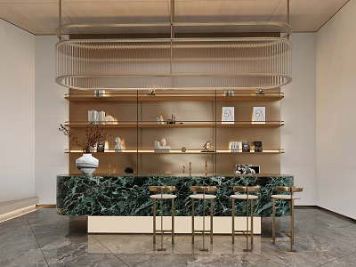 Elegant Modern Sales Office Bar Space With Marble Counter Stylish Stools And Exquisite Display Shelves 3d model