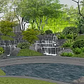 Beautiful Courtyard Garden with Waterfall Rocks Bridge Trees and Lush Greenery