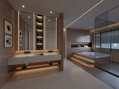 Modern Luxury Bathroom Interior Design With Marble Countertop Double Sink Bathtub And Glass Shower 3d model