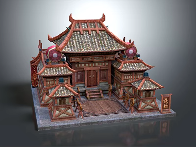 Cartoon Style Chinese Traditional Building Scene With Curved Eaves Tiled Roof And Red Doors 3d model