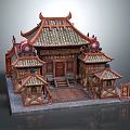 Cartoon Style Chinese Traditional Building Scene With Curved Eaves Tiled Roof And Red Doors