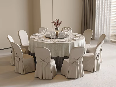 Elegant Round Dining Table And Chairs Set With Light Tablecloth And Bow Decorations 3d model