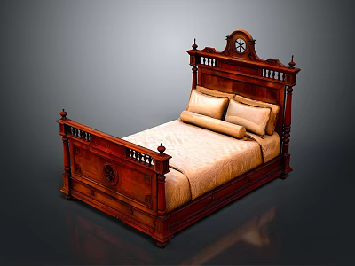 Classical Wooden Bed With Carved Headboard Footboard And Beige Bedding Pillows 3d model